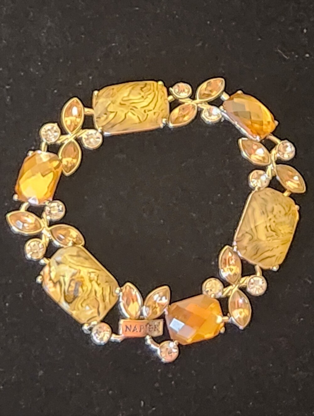 Vintage Napier Signed 7" Gold Tone Line Bracelet Lucite Art Glass Stones